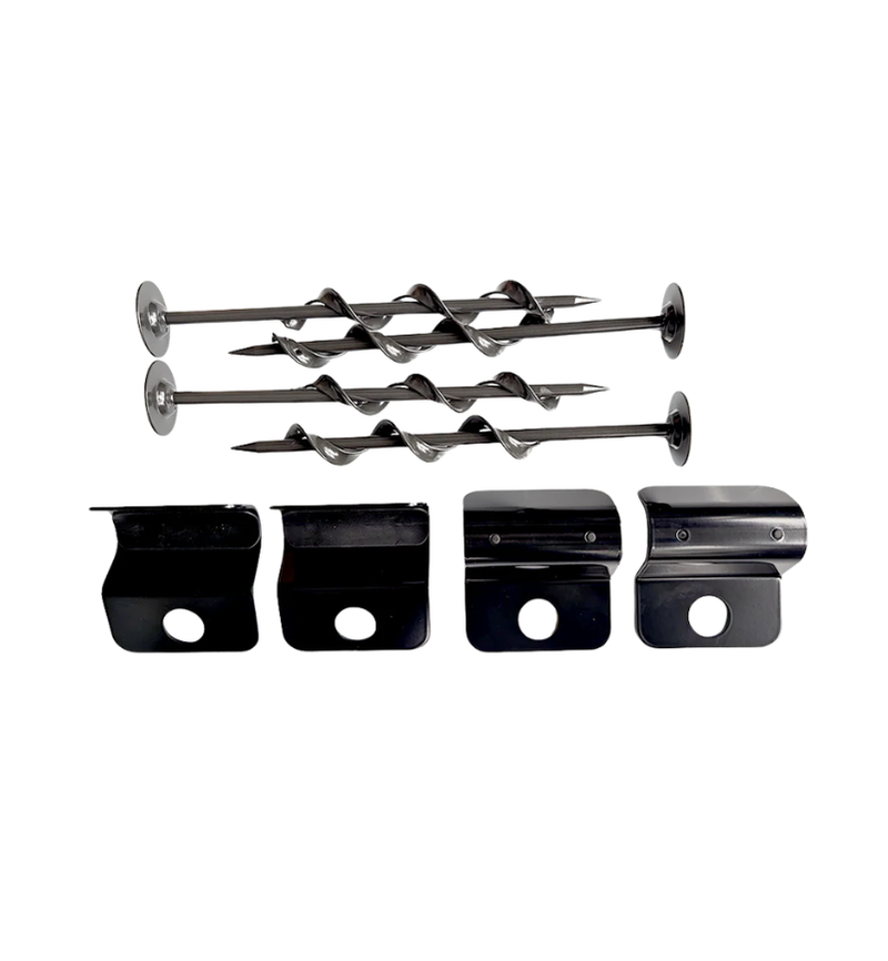 Springfree ground anchor kit with four black corkscrew anchors and four leg brackets