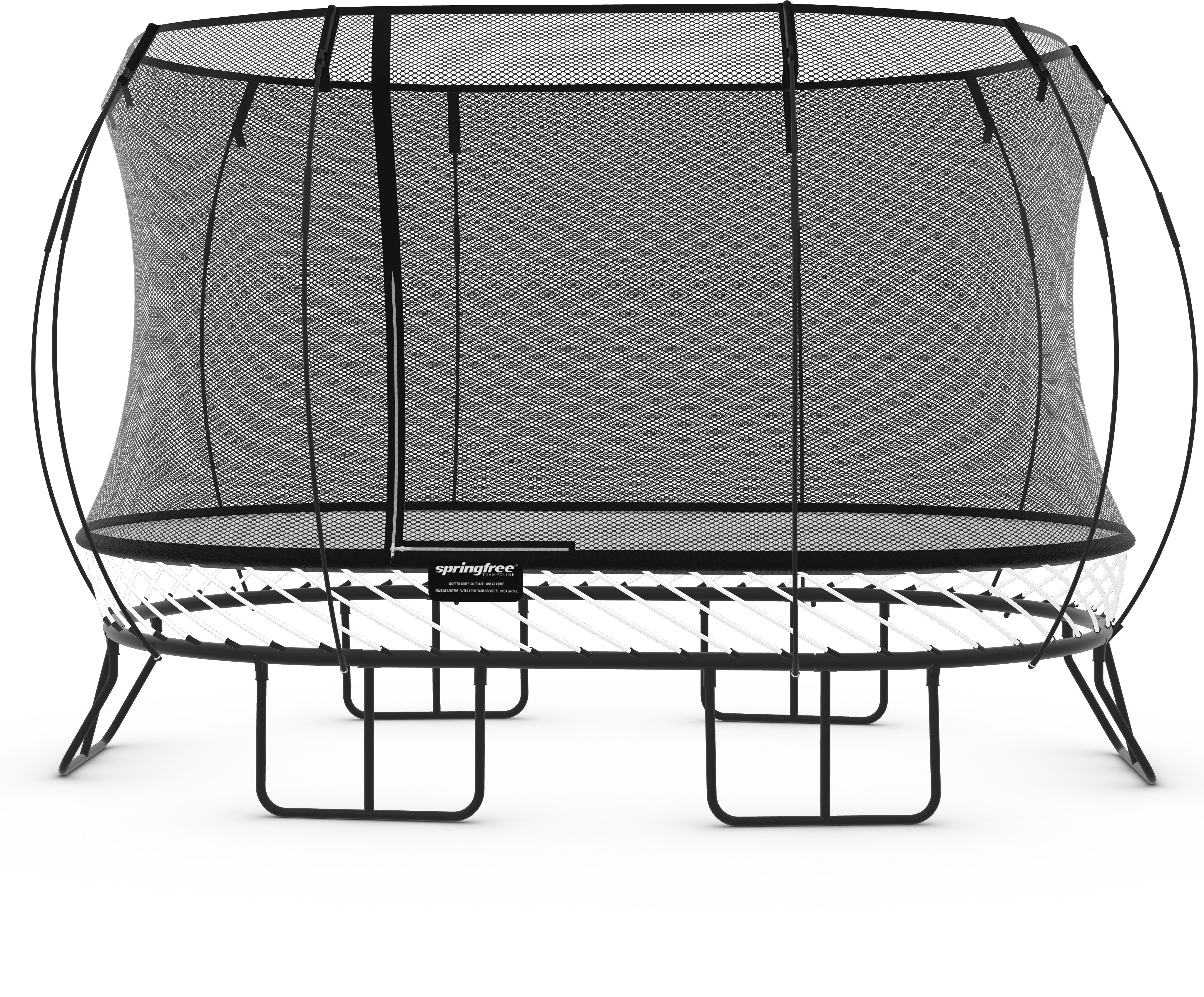 Large black oval trampoline with safety net, sturdy frame, and white springs.
