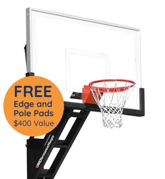 Close-up of the PROview 660 tempered glass backboard, orange breakaway rim and white net; badge reads Free Edge and Pole Pads, $400 value