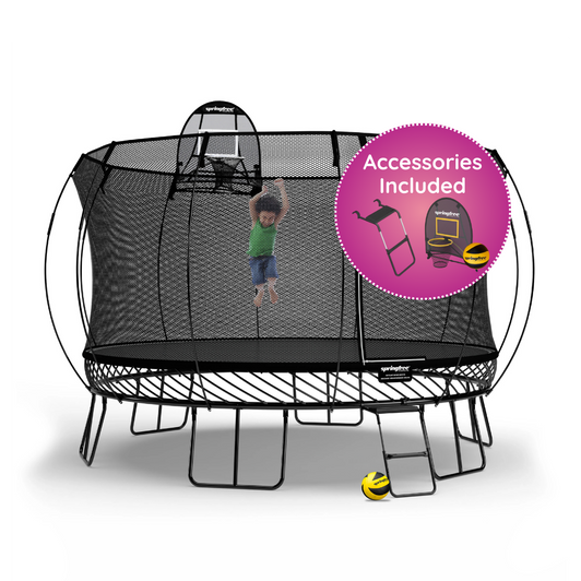 Springfree round trampoline with safety net and FlexrHoop basketball hoop, child jumping inside; badge reads Accessories Included