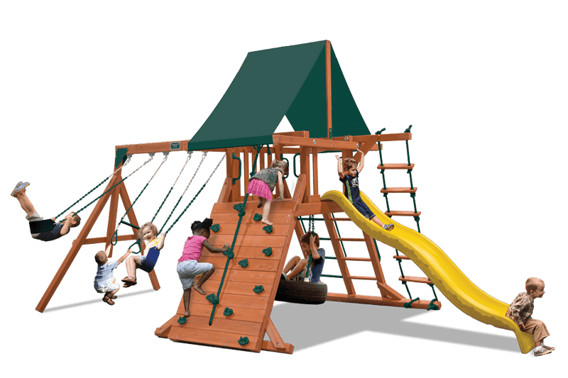 Classic Playcenter (11B): Wooden playset with swings, climbing wall, slide, and rope ladder—perfect for active kids!
