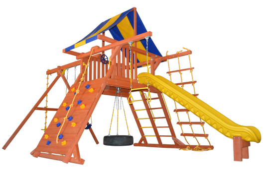 Turbo Original Playcenter Combo 2 (18A): Wooden playset with slide, swings, climbing wall, and rope ladder; blue, yellow, and orange.
