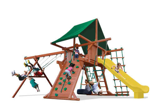 Turbo Deluxe Playcenter Combo 2 (26A-27A): Wooden playset with swings, slide, climbing wall, and rope ladder for kids.
