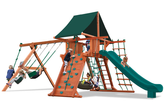Supreme Playcenter Combo 2 (30A-31A): Wooden playset with swings, slide, climbing wall, and rope ladder—perfect for backyard fun!
