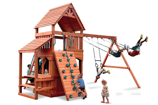 Turbo Original Fort Hangout playset with wood roof, swings, slide, and climbing wall.
